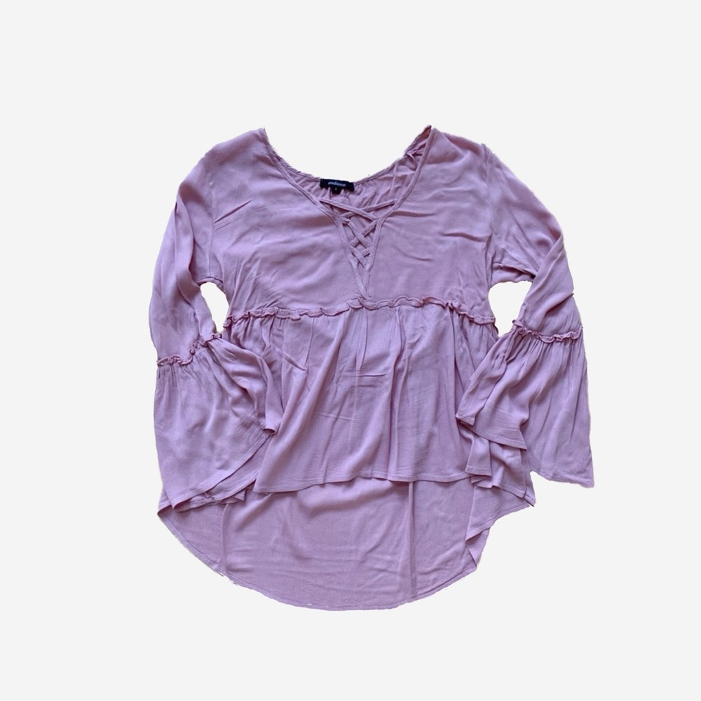 Pink v-neck flair sleeve blouse